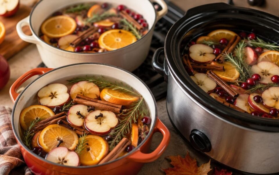 Three fall swimmer pots filled with simmering apple cider, orange slices, cinnamon sticks, cranberries, and rosemary sit on a kitchen counter, surrounded by fall decorations such as apples and autumn leaves.