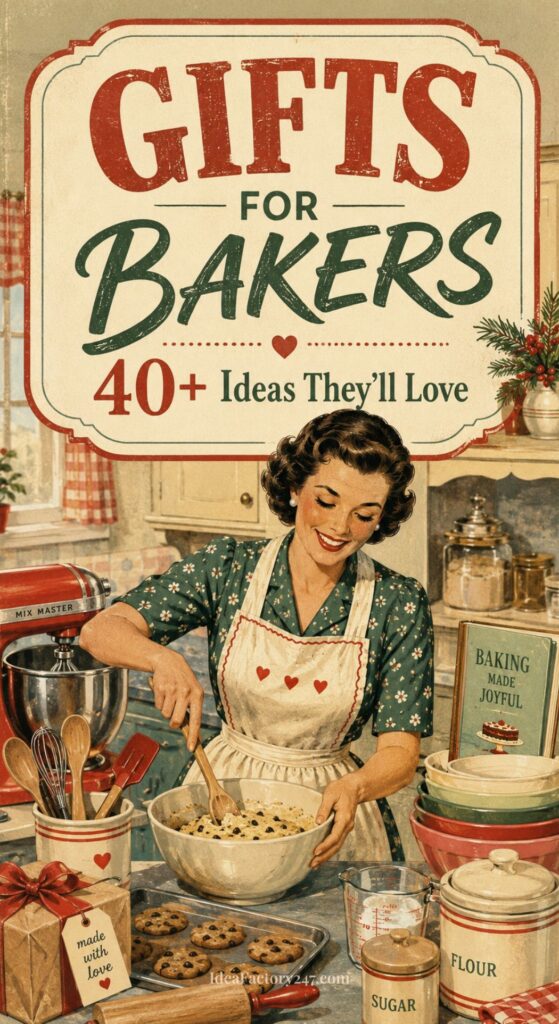 Vintage-style illustration of a smiling woman in a kitchen mixing cookie dough, surrounded by baking tools and ingredients. Text reads: Gifts for bakers: 40+ ideas they’ll love—perfect inspiration for anyone searching for thoughtful gifts for bakers.