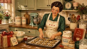 A smiling woman in a vintage kitchen places chocolate chip cookie dough on a baking sheet. Surrounding her are flour, sugar, a cookbook, and baking tools—the perfect scene for finding thoughtful gifts for bakers. Festive decor and a wrapped gift are visible on the wooden counter.