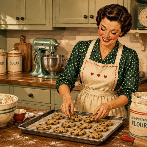 A smiling woman in a vintage kitchen places chocolate chip cookie dough on a baking sheet. Surrounding her are flour, sugar, a cookbook, and baking tools—the perfect scene for finding thoughtful gifts for bakers. Festive decor and a wrapped gift are visible on the wooden counter.