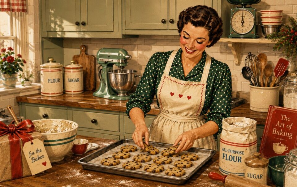 A smiling woman in a vintage kitchen places chocolate chip cookie dough on a baking sheet. Surrounding her are flour, sugar, a cookbook, and baking tools—the perfect scene for finding thoughtful gifts for bakers. Festive decor and a wrapped gift are visible on the wooden counter.