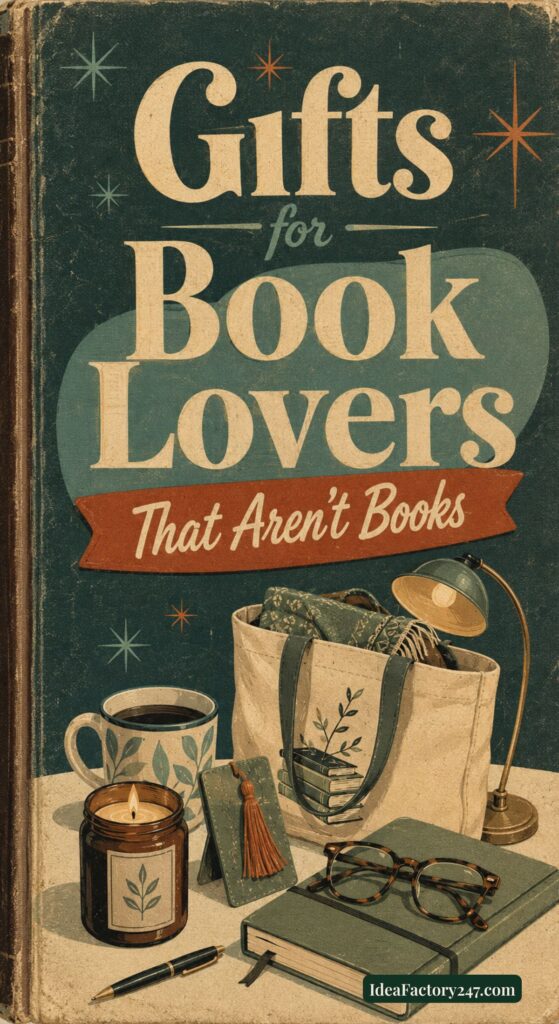 Vintage-style illustration of a tote bag holding journals, a candle, a mug, glasses, and a desk lamp. Large text reads: Gifts for Book Lovers That Aren’t Books. Perfect inspiration for unique gifts for book lovers who already have overflowing shelves.