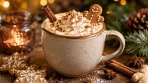 A mug of hot chocolate topped with whipped cream, cinnamon, and a gingerbread cookie sits on a rustic table surrounded by holiday cookies, pinecones, cinnamon sticks, and festive greenery.