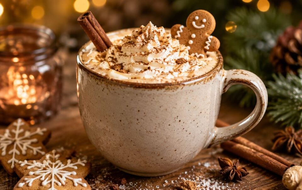 A mug of hot chocolate topped with whipped cream, cinnamon, and a gingerbread cookie sits on a rustic table surrounded by holiday cookies, pinecones, cinnamon sticks, and festive greenery.
