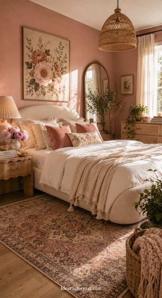 Cozy pink boho bedroom with a large bed, pink and beige bedding, floral artwork above the headboard, woven pendant light, wooden furniture, and sunlight streaming through sheer curtains. A vintage rug covers the wooden floor.