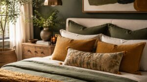 A cozy retreat inspired by green bedroom ideas, this space features a bed with green and mustard bedding, decorative pillows, a wooden nightstand adorned with candles, a vase of flowers, a lamp, and a woven basket—all in warm, natural tones.