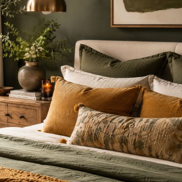A cozy retreat inspired by green bedroom ideas, this space features a bed with green and mustard bedding, decorative pillows, a wooden nightstand adorned with candles, a vase of flowers, a lamp, and a woven basket—all in warm, natural tones.