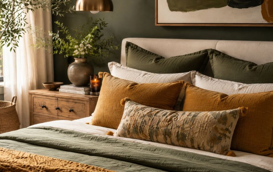 A cozy retreat inspired by green bedroom ideas, this space features a bed with green and mustard bedding, decorative pillows, a wooden nightstand adorned with candles, a vase of flowers, a lamp, and a woven basket—all in warm, natural tones.