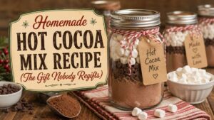 A sign reads Homemade Hot Cocoa Mix Recipe (The Gift Nobody Regifts) beside mason jars filled with homemade hot cocoa mix, chocolate chips, and marshmallows, all decorated with tags and festive twine.
