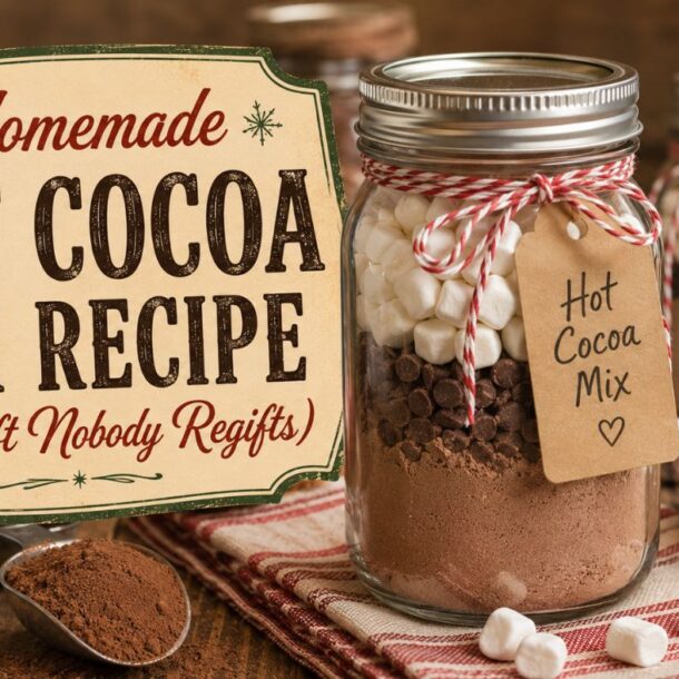 A sign reads Homemade Hot Cocoa Mix Recipe (The Gift Nobody Regifts) beside mason jars filled with homemade hot cocoa mix, chocolate chips, and marshmallows, all decorated with tags and festive twine.