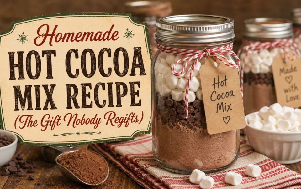 A sign reads Homemade Hot Cocoa Mix Recipe (The Gift Nobody Regifts) beside mason jars filled with homemade hot cocoa mix, chocolate chips, and marshmallows, all decorated with tags and festive twine.
