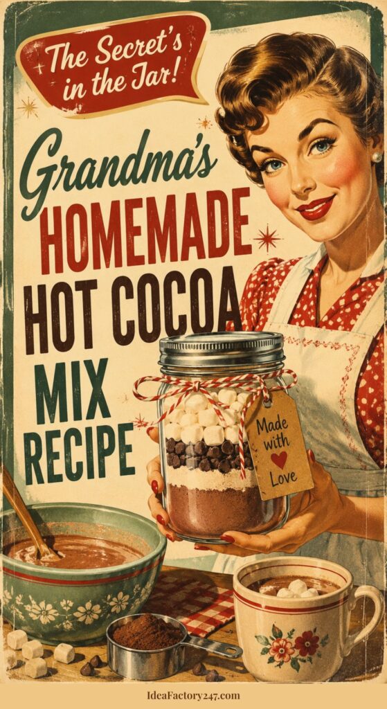 Vintage-style poster of a smiling woman in an apron holding a jar of Homemade Hot Cocoa mix. Text reads Grandma’s Homemade Hot Cocoa Mix Recipe. Bowls of cocoa and marshmallows are on the table.