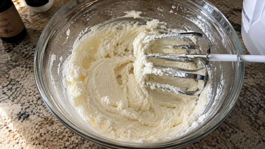 A glass bowl with creamed butter and sugar being mixed by a hand mixer on a granite countertop. A bottle of vanilla extract is partially visible nearby.