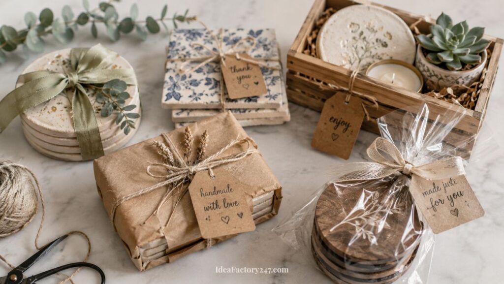 Assorted handmade coasters are wrapped in paper and twine, decorated with greenery, and labeled with tags reading phrases like handmade with love and enjoy, arranged on a marble surface with rustic decor.