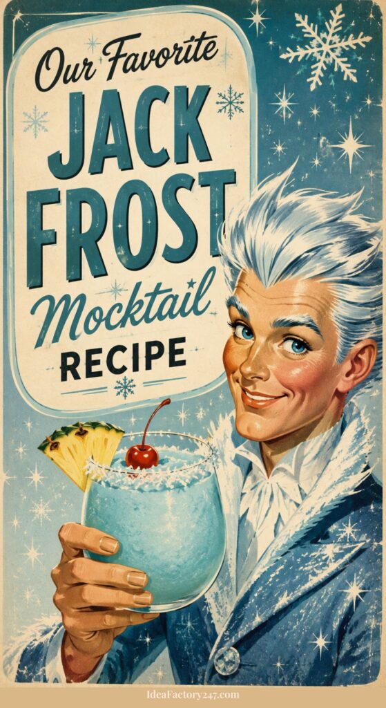 Vintage poster of a smiling person with white hair holding a blue mocktail topped with a cherry and pineapple. Text reads: Our Favorite Jack Frost Mocktail Recipe. Snowflakes decorate the blue background.