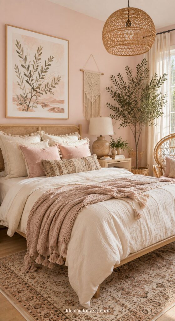 A cozy pink boho bedroom with a beige bed, pink and cream pillows, macrame wall art, a large leafy plant, woven light fixture, rattan chair, and soft natural light from a window. Decor is soft, neutral, and boho-inspired.