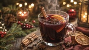 A steaming mug of mulled wine with orange slices, star anise, and a cinnamon stick sits on a wooden table, surrounded by dried orange, cinnamon sticks, pine branches, and festive lights.