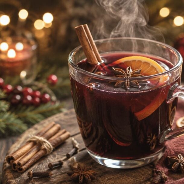A steaming mug of mulled wine with orange slices, star anise, and a cinnamon stick sits on a wooden table, surrounded by dried orange, cinnamon sticks, pine branches, and festive lights.