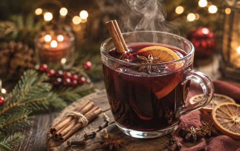 A steaming mug of mulled wine with orange slices, star anise, and a cinnamon stick sits on a wooden table, surrounded by dried orange, cinnamon sticks, pine branches, and festive lights.