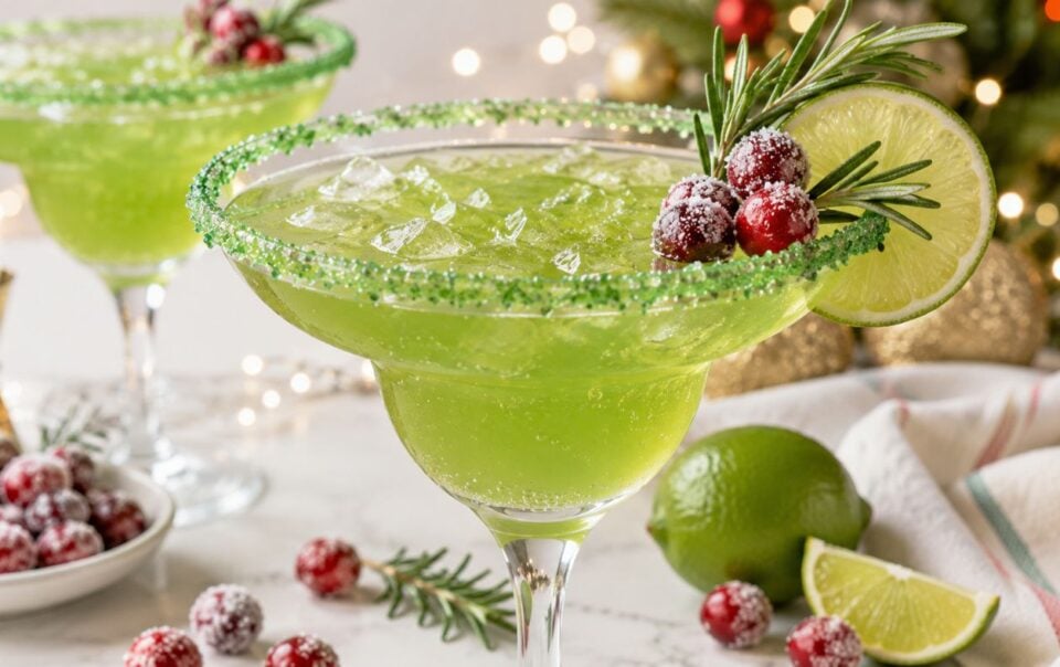 A green margarita in a glass with a green sugar rim, garnished with a lime slice, cranberries, and rosemary. Christmas decorations and sugared cranberries are in the background.