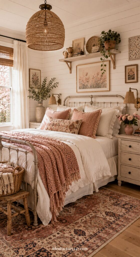 Cozy pink boho bedroom featuring a metal bed, blush and cream bedding, woven blanket, floral pillows, plants, wall art, wicker basket, rug, wooden nightstand, and natural light streaming in from a window with sheer curtains.