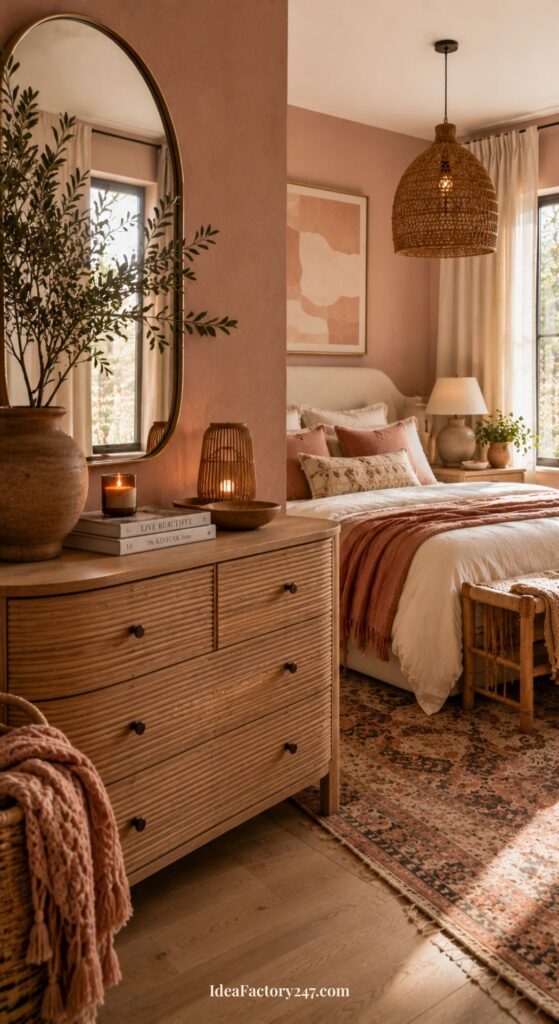 Cozy pink boho bedroom with warm earthy tones, wooden furniture, woven decor, a round mirror, lit candles, potted plants, and layered textiles, creating a soft, inviting atmosphere with natural light from the window.