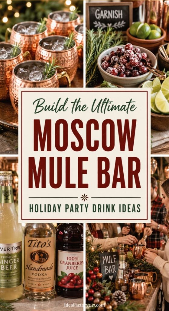 Collage showing festive Moscow Mule bar setup: copper mugs with garnishes, bowls of fruit and herbs, bottles of ginger beer, vodka, and cranberry juice, plus a sign reading Build the Ultimate Moscow Mule Bar. Holiday atmosphere.