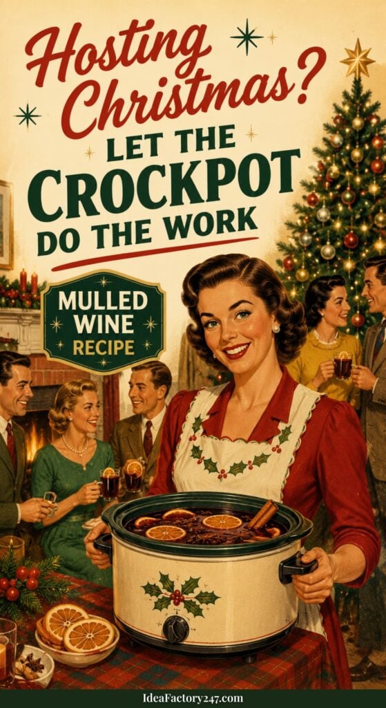 A woman in vintage clothing holds a crockpot of mulled wine at a festive Christmas party, with guests chatting and a decorated tree in the background. The text promotes using a crockpot for easy crockpot mulled wine, making your holiday gatherings both simple and delightful.