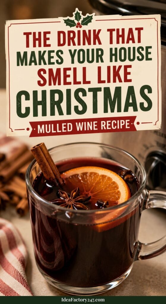 A glass mug of mulled wine with orange slices, cinnamon stick, and star anise. Text above reads: The drink that makes your house smell like Christmas. Mulled wine recipe. A plaid cloth and slow cooker appear in the background, perfectly setting the scene for enjoying a cozy cup of homemade mulled wine.