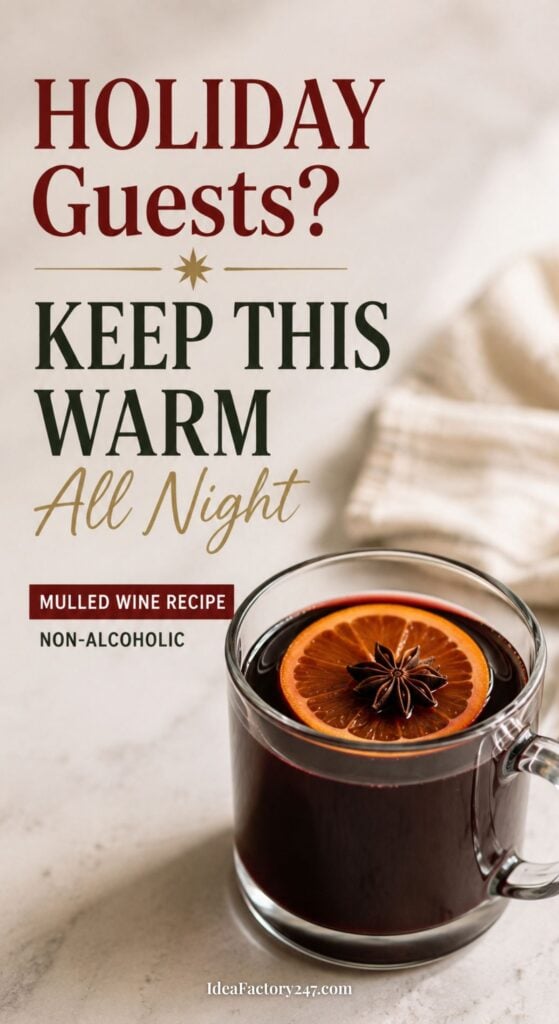 A glass cup of mulled wine topped with an orange slice and star anise sits on a beige tablecloth. Text reads: HOLIDAY Guests? KEEP THIS WARM All Night. Mulled wine recipe—perfect for a non-alcoholic twist.