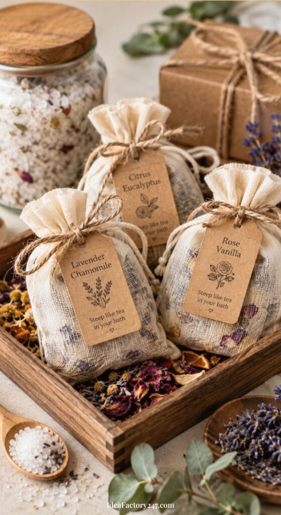 Three labeled bath tea bags—Lavender Chamomile, Citrus Eucalyptus, and Rose Vanilla—sit in a wooden tray with dried flowers and bath salts. A jar of bath salts and sprigs of lavender are in the background.
