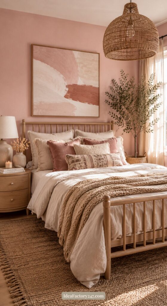Cozy pink boho bedroom with a wooden bed, layered neutral bedding, textured pillows, a woven rug, a large rattan pendant light, a nightstand with a lamp, and a large abstract art piece on a pink wall. Sunlight streams through the window.