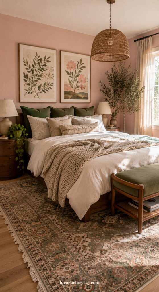 Pink boho bedroom featuring a cozy large bed with green and beige bedding, two botanical prints above the headboard, lush green plants, and natural light streaming through a window with sheer curtains.