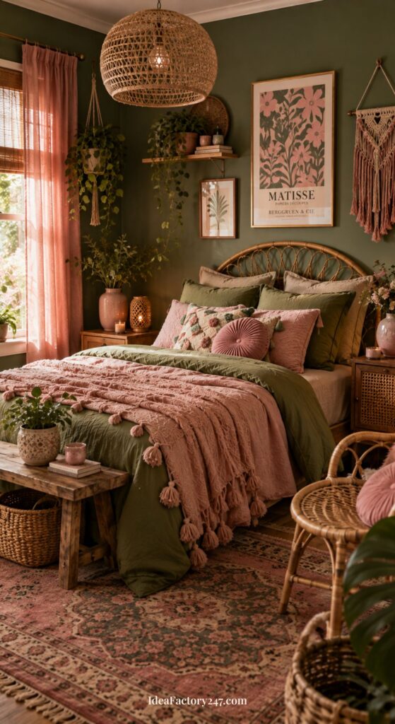 Cozy pink boho bedroom with green walls, pink bedding, woven decor, plants, a rattan bed, and a wooden bench, bathed in natural light from a window with pink curtains.