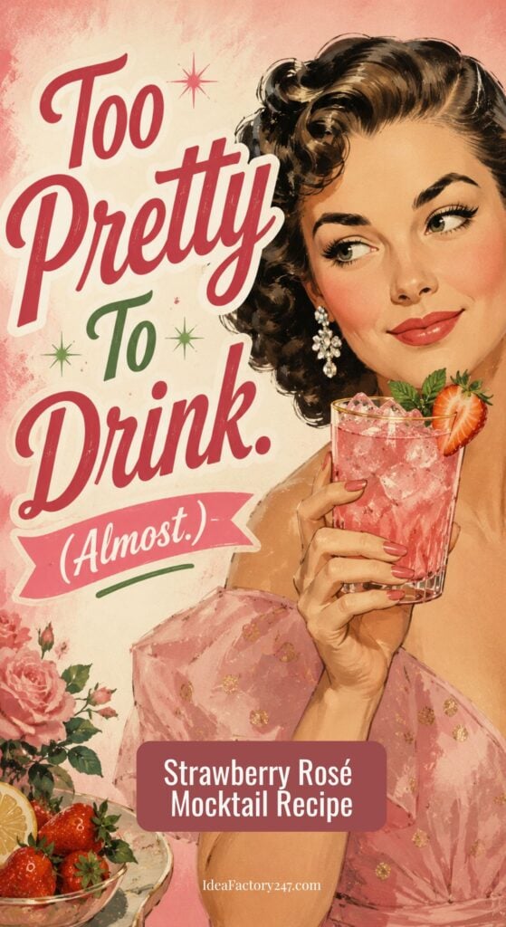 A vintage-style illustration of a woman in pink holding a strawberry mocktail. Text reads: Too Pretty To Drink. (Almost.) Pink Mocktail Recipe: Strawberry Rosé Edition. The background features soft pastel colors and decorative details.