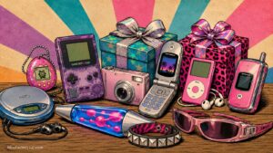 A vibrant collection of retro gadgets from the 2000s sits on a table: Game Boy Color, Tamagotchi, iPods, flip phones, Discman, a digital camera, lava lamp, sunglasses, a studded bracelet, headphones, and two wrapped gift boxes with bows.