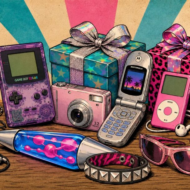 A vibrant collection of retro gadgets from the 2000s sits on a table: Game Boy Color, Tamagotchi, iPods, flip phones, Discman, a digital camera, lava lamp, sunglasses, a studded bracelet, headphones, and two wrapped gift boxes with bows.