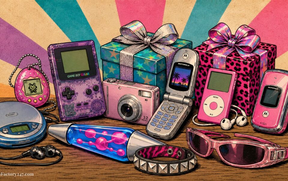 A vibrant collection of retro gadgets from the 2000s sits on a table: Game Boy Color, Tamagotchi, iPods, flip phones, Discman, a digital camera, lava lamp, sunglasses, a studded bracelet, headphones, and two wrapped gift boxes with bows.
