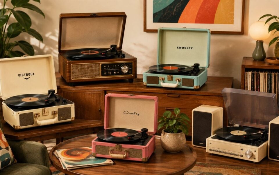 Five vintage-style record players in different colors are displayed on wooden furniture and a round table, surrounded by potted plants, vinyl records, speakers, and colorful wall art in a retro-themed living room.