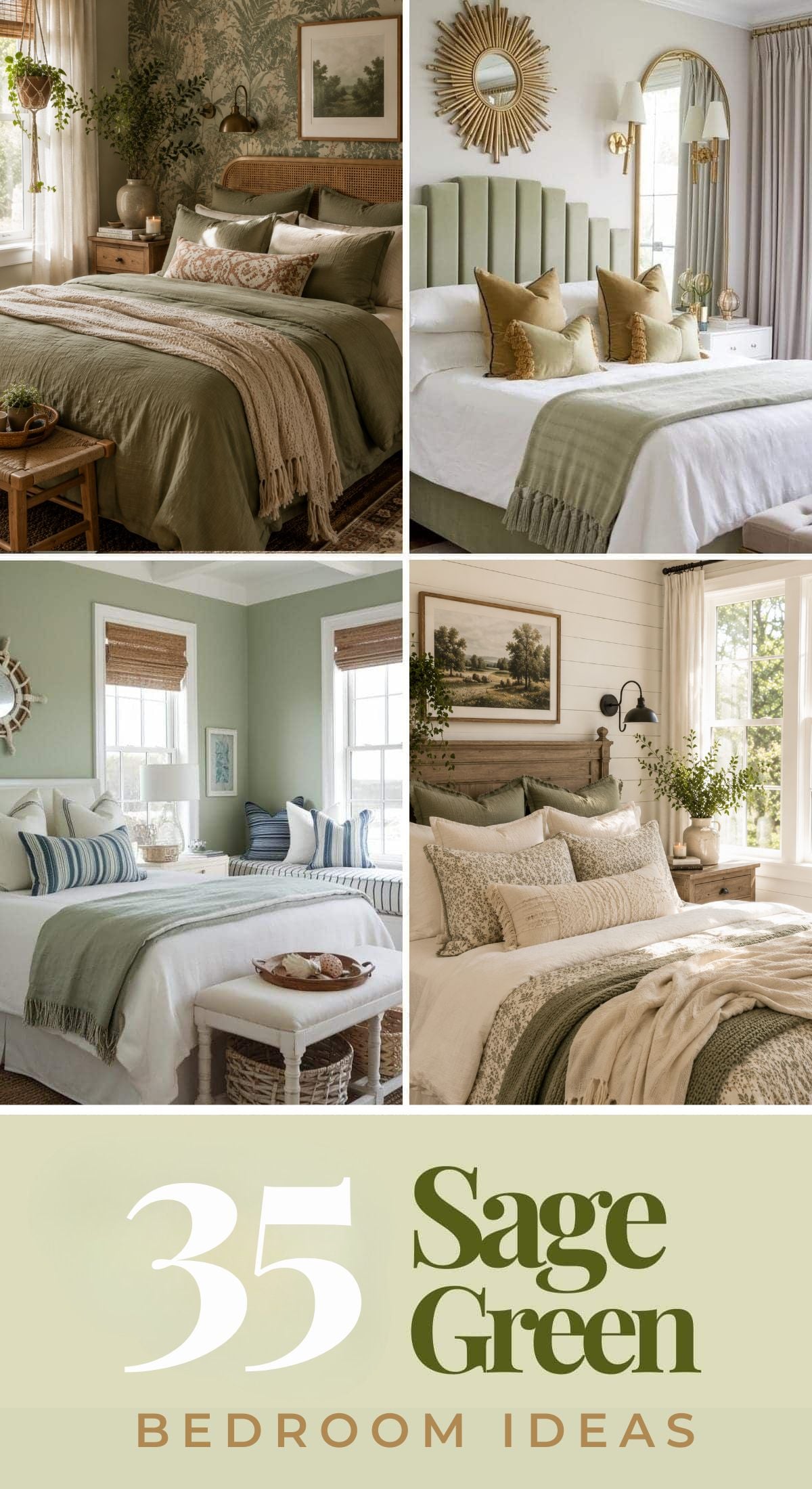 A collage of four stylish sage green bedrooms featuring elegant decor, coordinated bedding, and tasteful accents, with 35 Sage Green Bedroom Ideas written at the bottom in green and beige text.