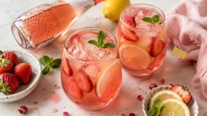 Two glasses of pink lemonade with ice, strawberry slices, lemon slices, and mint leaves. A bottle, fresh strawberries, a lemon, and a dish of lemon slices are nearby on a white table with a pink cloth.