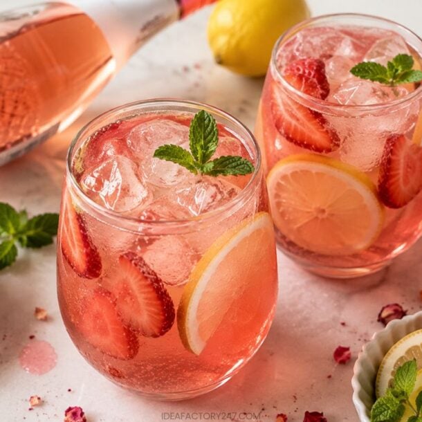 Two glasses of pink lemonade with ice, strawberry slices, lemon slices, and mint leaves. A bottle, fresh strawberries, a lemon, and a dish of lemon slices are nearby on a white table with a pink cloth.