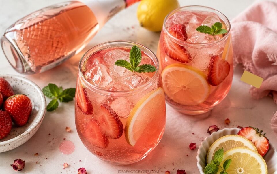 Two glasses of pink lemonade with ice, strawberry slices, lemon slices, and mint leaves. A bottle, fresh strawberries, a lemon, and a dish of lemon slices are nearby on a white table with a pink cloth.
