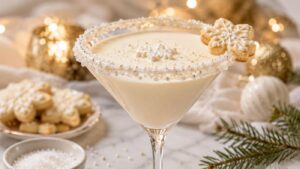 A creamy cocktail in a martini glass with a sugared rim, topped with a snowflake cookie and holiday sprinkles. Festive decorations and cookies are in the background.