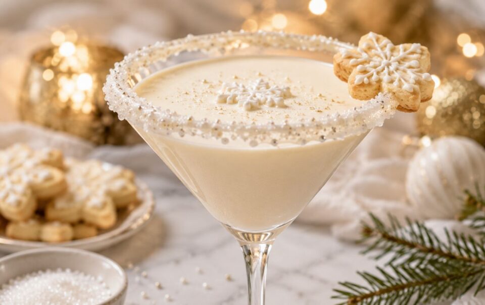 A creamy cocktail in a martini glass with a sugared rim, topped with a snowflake cookie and holiday sprinkles. Festive decorations and cookies are in the background.