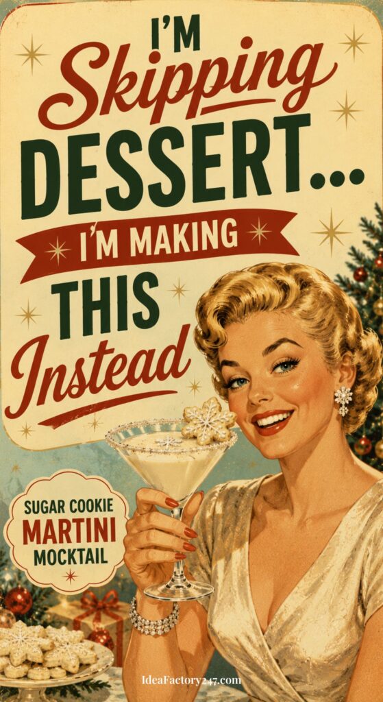 Vintage-style poster of a smiling woman in a sparkly dress holding a martini glass, with text: I’m skipping dessert… I’m making this instead. Sugar Cookie Martini mocktail. Christmas tree in the background, setting the perfect festive scene for enjoying a delightful Sugar Cookie Martini.
