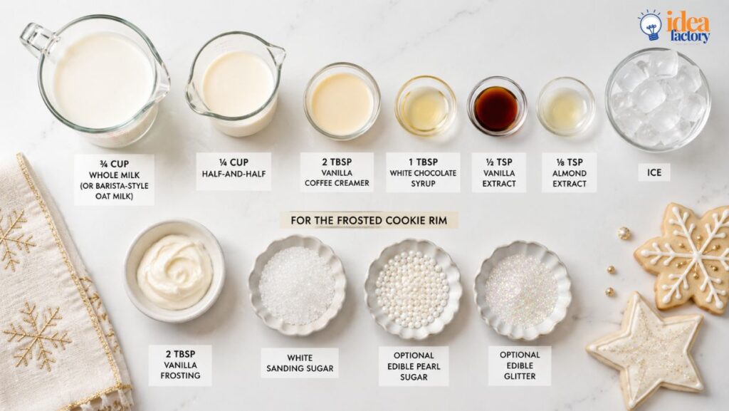 Ingredients for a frosted sugar cookie latte are displayed, including various milks, syrups, extracts, ice, vanilla frosting, sugars, and festive cookie decorations—each portioned in small bowls on a white surface—inviting inspiration for whimsical drinks like a Sugar Cookie Martini.