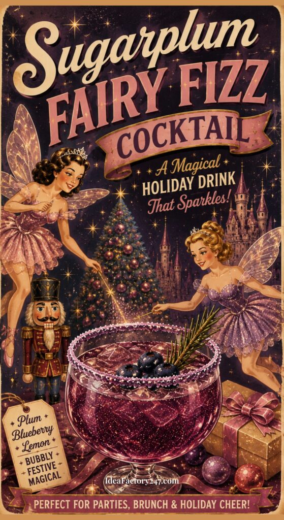 Vintage-style poster featuring two fairies with wings, a Nutcracker, and a sparkly holiday cocktail garnished with berries. Text promotes a Sugarplum Fairy Fizz Cocktail, describing it as magical, festive, and perfect for holidays.