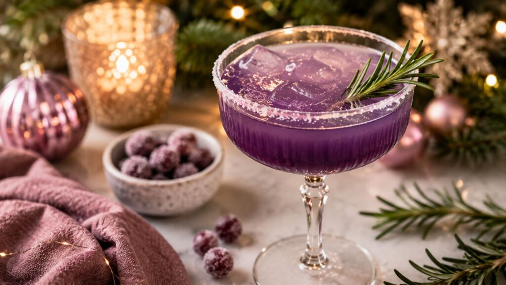 A purple cocktail with ice and a rosemary garnish sits in a glass with a sugared rim. Its surrounded by sugared cranberries, pine branches, a pink ornament, and festive lights, creating a holiday atmosphere.