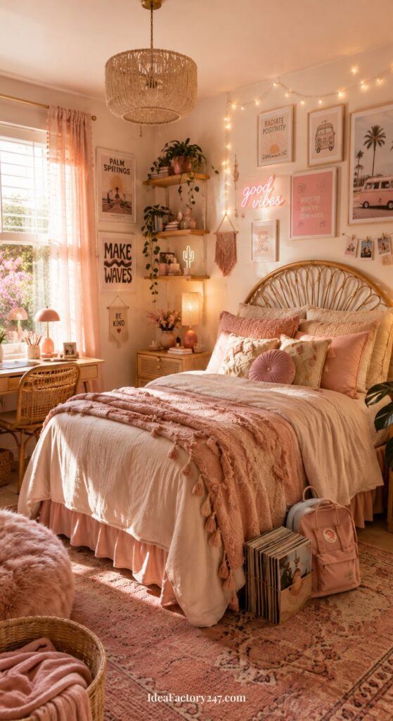 A cozy, sunlit pink boho bedroom with stylish pink decor, tassel bedding, wall art, and string lights. A desk, rattan chair, record player, and a pink backpack add charm. Plants and palm prints complete the relaxing vibe.
